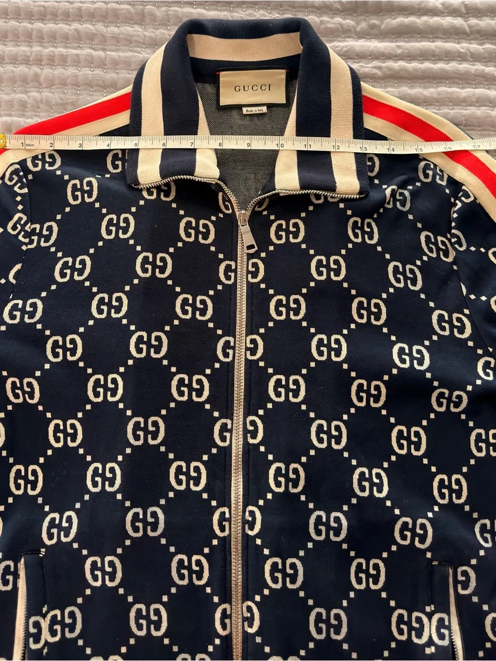 Gucci Navy and Cream GG Logo Track Jacket with Red Shoulder Stripe - Picture 7 of 9